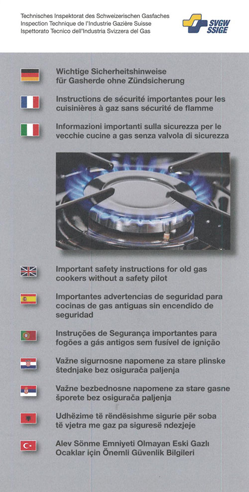 Flyer; Instructions de sécurité importantes pour les cuisinières à gaz sans sécurité de flamme, en dix langues / 100 pièces