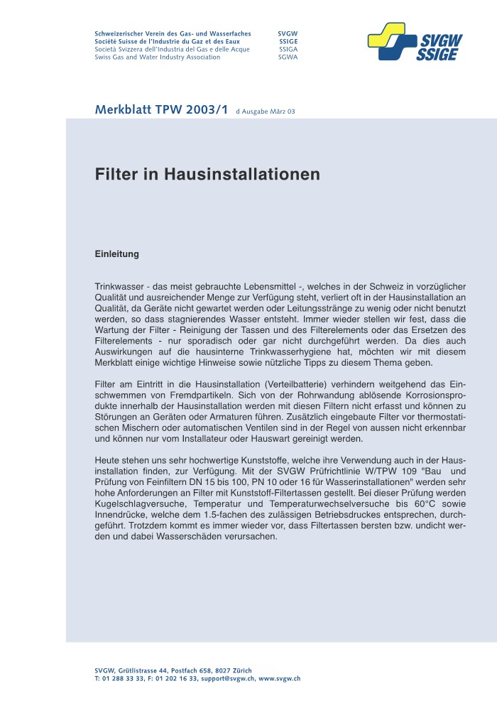 W10 004 d Merkblatt; Filter in Hausinstallationen