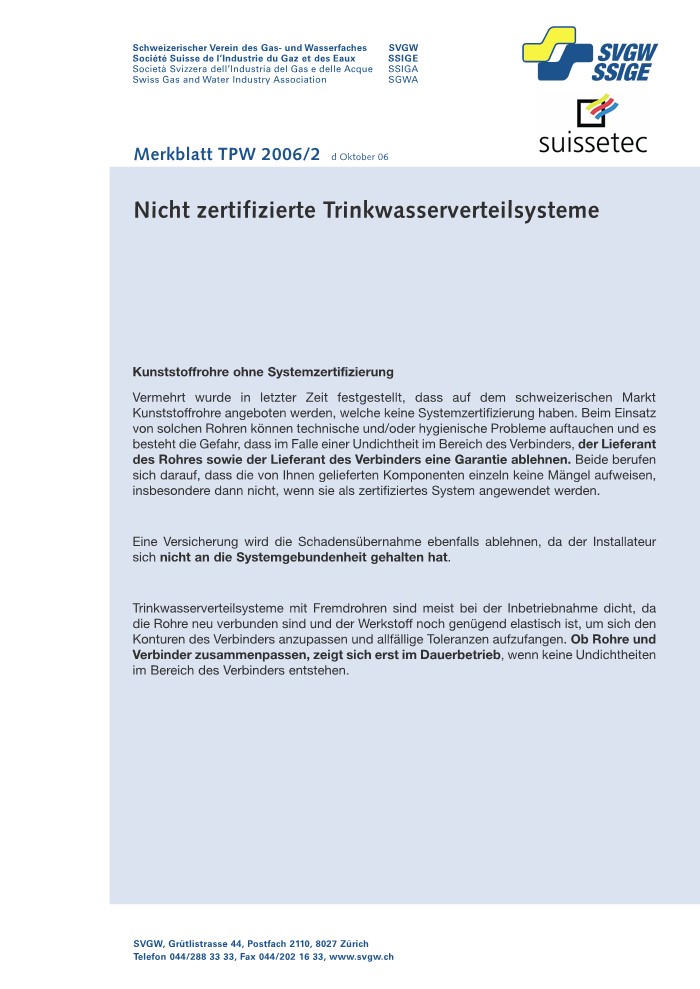 W10 012 d Merkblatt; Nicht zertifizierte Trinkwasserverteilsysteme