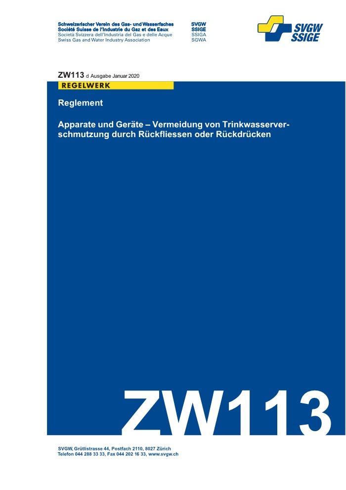 ZW113 d - Reglement; Apparate und Geräte - Vermeidung von Trinkwasserverschmutzung durch Rückfliessen oder Rückdrücken