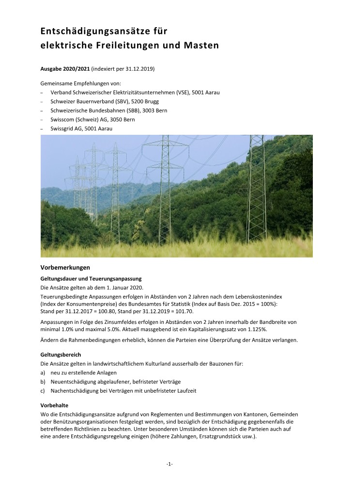 Entschädigungsansätze für elektrische Freileitungen und Masten - Ausgabe 2020/2021