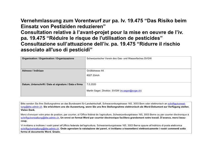 Stellungnahme: pa. lv. 19.475 «Das Risiko beim Einsatz von Pestiziden reduzieren»