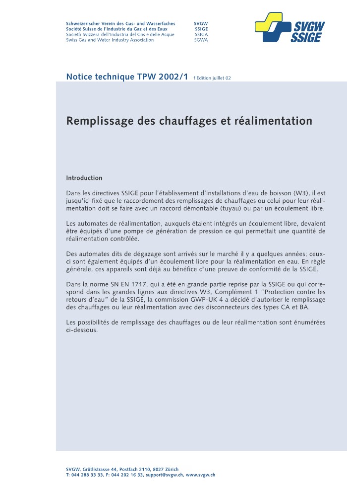 W10 003 f Notice technique; Remplissage des chauffages et réalimentation