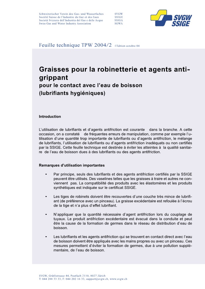 W10 007 f Notice technique; Graisses pour la robinetterie et agents antigrippant pour le contact avec l'eau de boisson