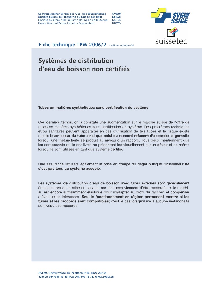 W10 012 f Notice technique; Systèmes de distribution d'eau de boisson non certifiés