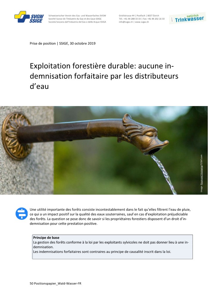 Prise de position: «Exploitation forestière durable: aucune indemnisation forfaitaire par les distributeurs d'eau»