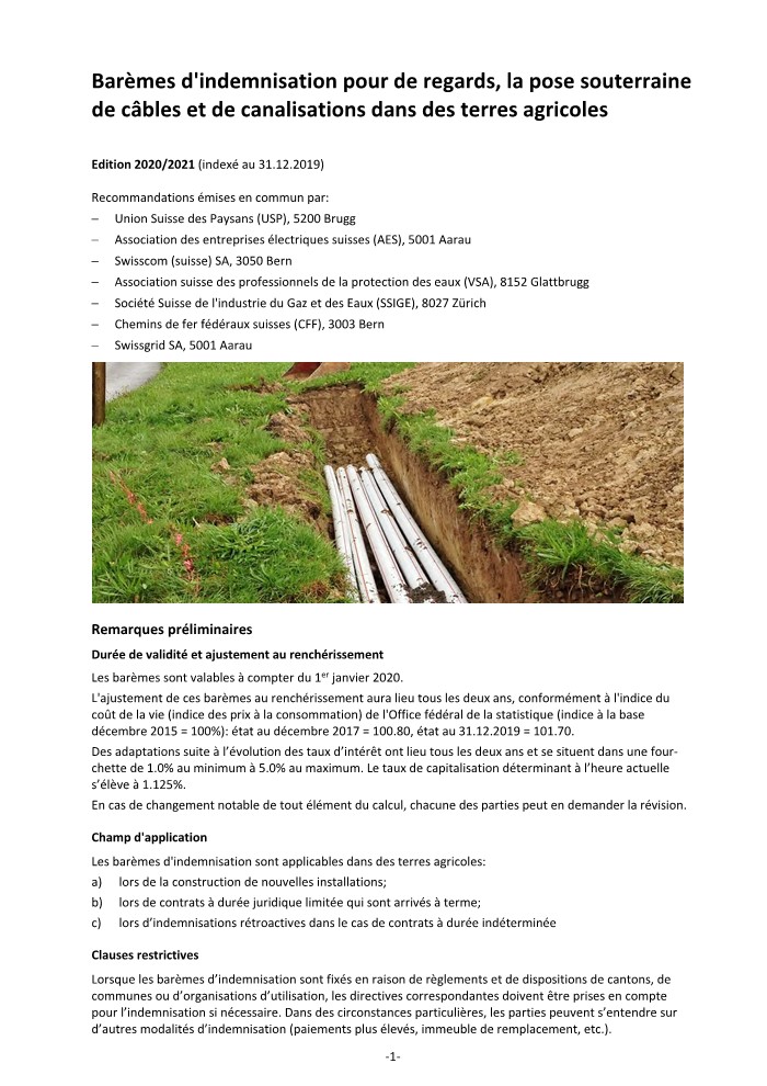 Barèmes d'indemnisation pour de regards, la pose souterraine de câbles et de canalisations dans des terres agricoles - Édition 2020/2021
