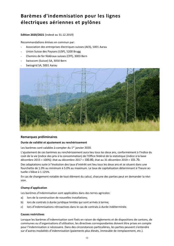 Barèmes d'indemnisation pour les lignes électriques aériennes et pylônes - Édition 2020/2021