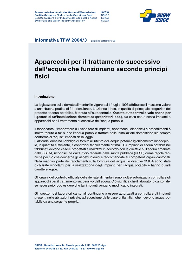 W10 008 i Nota tecnica; Apparecchi per il trattamento successivo dell'acqua che funzionano secondo principi fisici