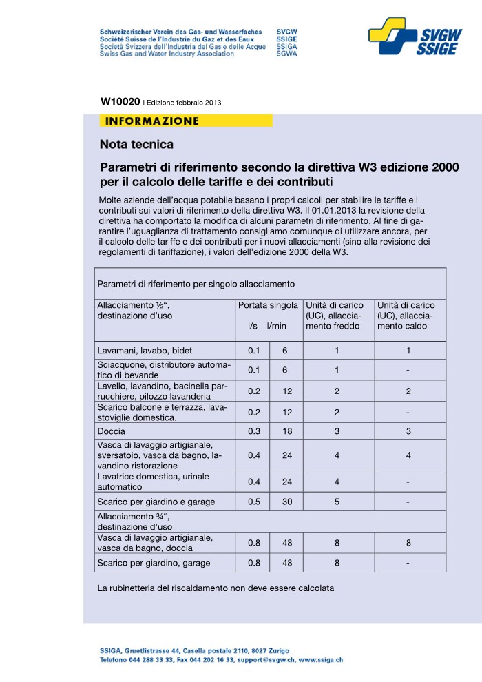 W10 020 i Nota tecnica; Parametri di riferimento secondo la direttiva W3 edizione 2000 per il calcolo delle tariffe e dei contributi