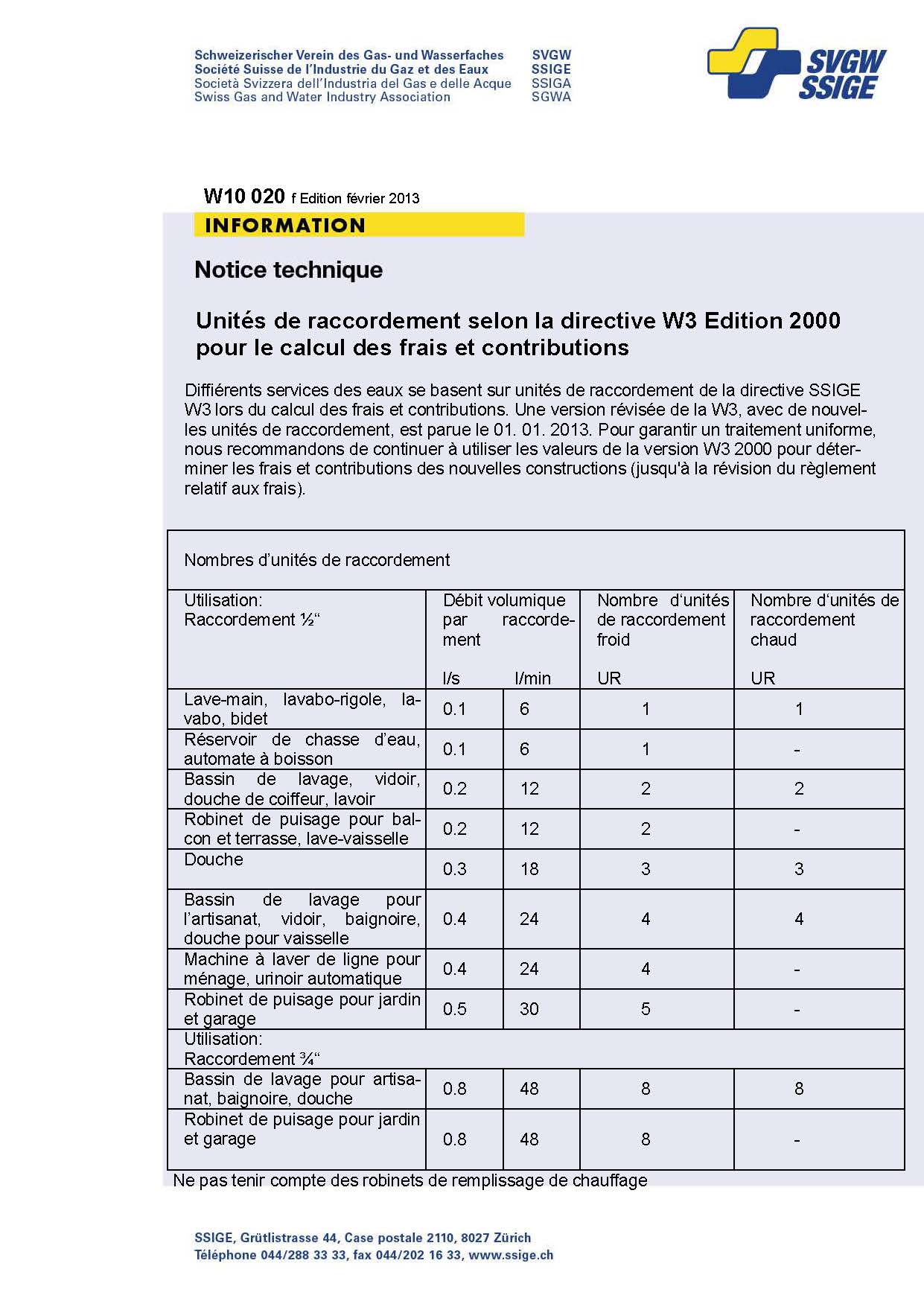 W10 020 f Notice technique; Unités de raccordement selon la directive W3 Edition 2000 pour le calcul des frais et contributions